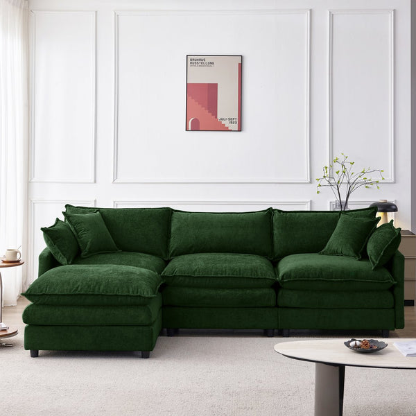 English Elm 105" L-shaped Chenille Sectional with Ottoman Pocket Spring Living Room Sofa Green W1097S00230