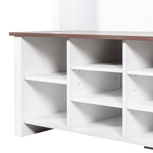 English Elm Farmhouse Hall Tree Entryway Organizer with Bench 16 Compartments and 6 Coat Hooks N721S000064K