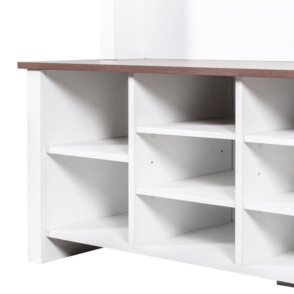 English Elm Farmhouse Hall Tree Entryway Organizer with Bench 16 Compartments and 6 Coat Hooks N721S000064K