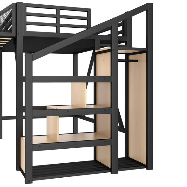 English Elm Twin Metal Loft Bed with Wardrobe Shelves Storage Stairs Led Lighting Usb Ports W1580S00404