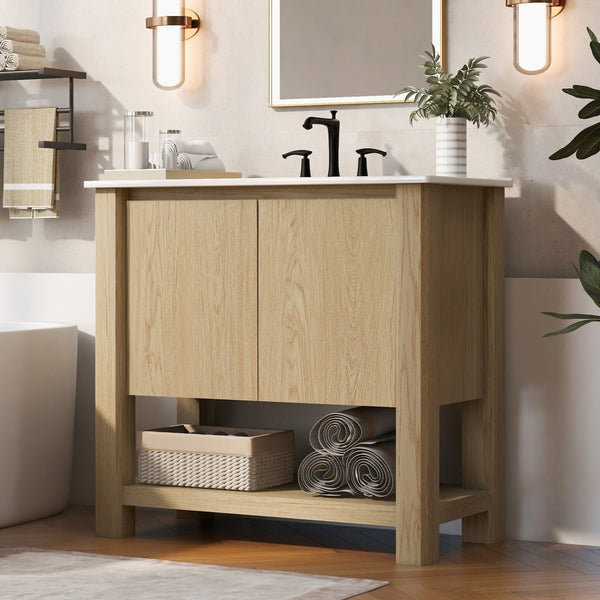 English Elm Christopher Knight Home® - 36" Modern Wall-Mounted Bathroom Vanity with Ceramic Sink, Soft-Close Doors, Fluted Accent & Open Shelves Antique Natural N817P245321N