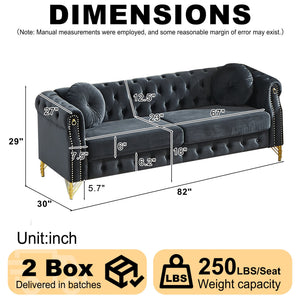 English Elm 82-inch Velvet Chesterfield Sofa Tufted Button Back with Copper Studs and Gold Metal Legs Black W834S00619