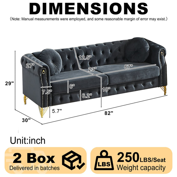 English Elm 82-inch Velvet Chesterfield Sofa Tufted Button Back with Copper Studs and Gold Metal Legs Black W834S00619