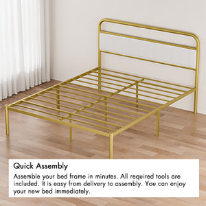 English Elm Queen-Size Beige Linen Platform Bed Frame with Gold Metal Accent, Upholstered Headboard, 800 lb Capacity W2992P233415