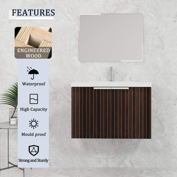 English Elm 30 Inch Silver-Brown Stripe Wall-Mounted Vanity with Mid-Edge Resin Sink, Soft-Close Doors, Ample Storage W999P204951