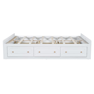 English Elm Wood Queen Size Platform Bed Frame with 6 Drawers for Storage, Sturdy Pine/MDF Slat System, 500lb Capacity White N709P241723K