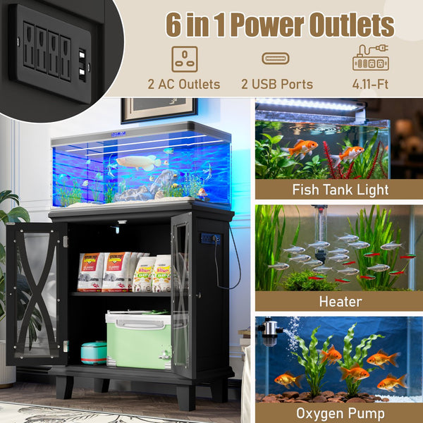 English Elm 20 Gallon Fish Tank Stand with Built-In Power Outlets & USB, Farmhouse Style Aquarium Cabinet with Adjustable Shelves and Heavy-Duty 298lb Tabletop Capacity Black N704P350196B