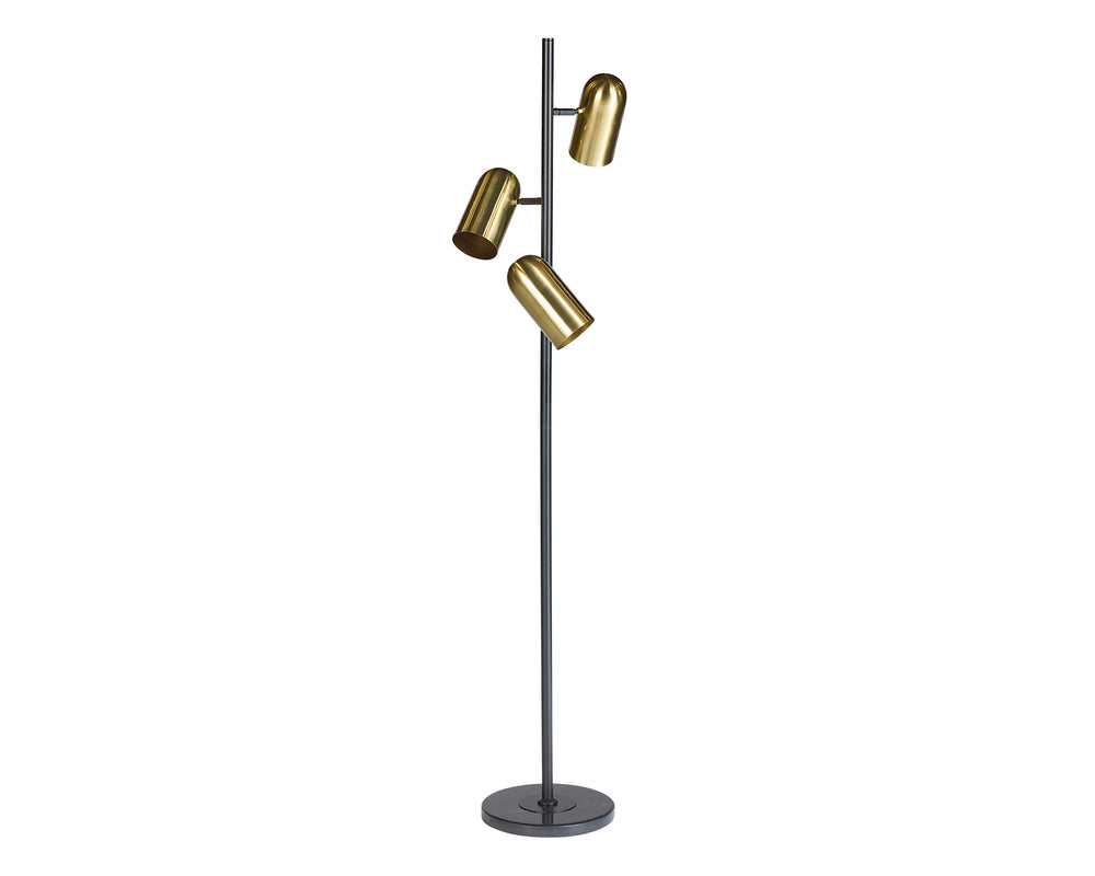 Sunpan Tarlo Mid-Century Floor Lamp with Black Metal Frame and Brass Shades for Timeless Elegance