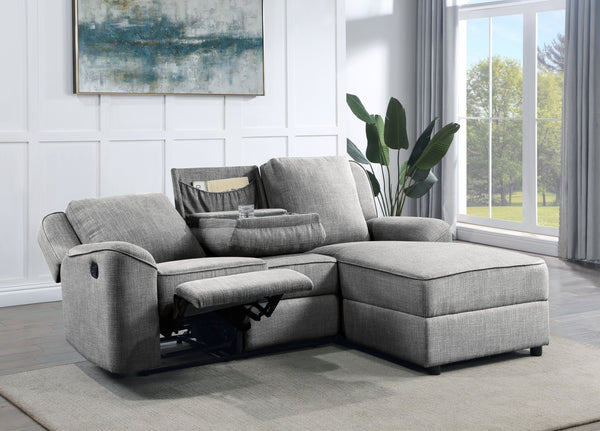 English Elm Destiny Gray Linen Sectional Sofa with Built-In Dropdown Table, Durable Foam Cushioning & Modern Style B2726S00049