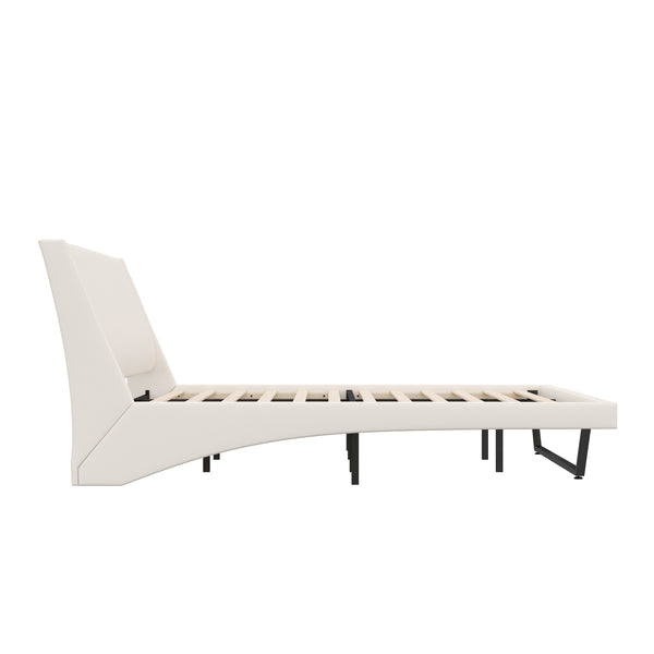 English Elm Queen Pu Leather Platform Bed Sculptural Wave Base Floating Silhouette Modern Bedroom White N761S0000032W