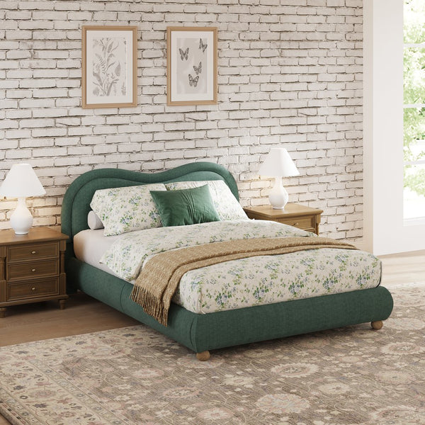 English Elm Queen Chenille Upholstered Curved Headboard Platform Bed with Oak Legs Solid Wood Slats W1716P428272