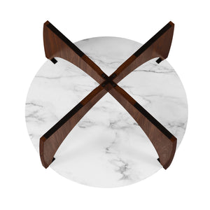 35" Round Coffee Table with Open Crossed Arch Base Calacatta Marble, Dark Walnut LNAL1KCMDW Walker Edison
