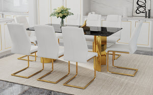 English Elm Table And 8 Chairs Set - Elegant Glass Top With Imitation Marble & Gold Stainless Steel Legs W1151S04327-GIGA