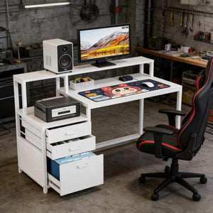 English Elm Sturdy Two-tier Computer Desk with File Cabinet and Monitor Riser for Home Office T3971P450718
