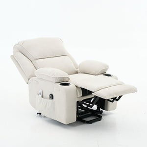 English Elm Ivory Corduroy Recliner with Heat, Massage & Assistive Lift — Remote Control, Cup Tray Comfort W570P320340