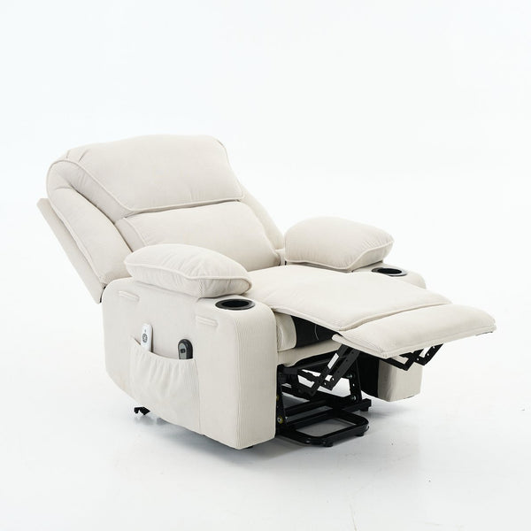 English Elm Ivory Corduroy Recliner with Heat, Massage & Assistive Lift — Remote Control, Cup Tray Comfort W570P320340