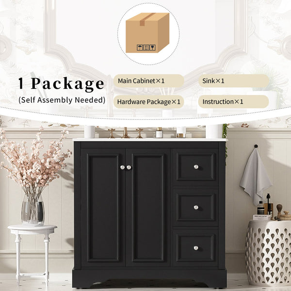 English Elm 36'' Transitional Bathroom Vanity with Ceramic Sink, Solid Wood Frame, Adjustable U-Shelf & Soft-Close Doors Black N729P292966B