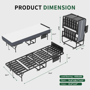 English Elm 75 Inch Rollaway Twin Bed with Memory Foam Mattress Heavy Duty Steel Frame Foldable W2735P425464