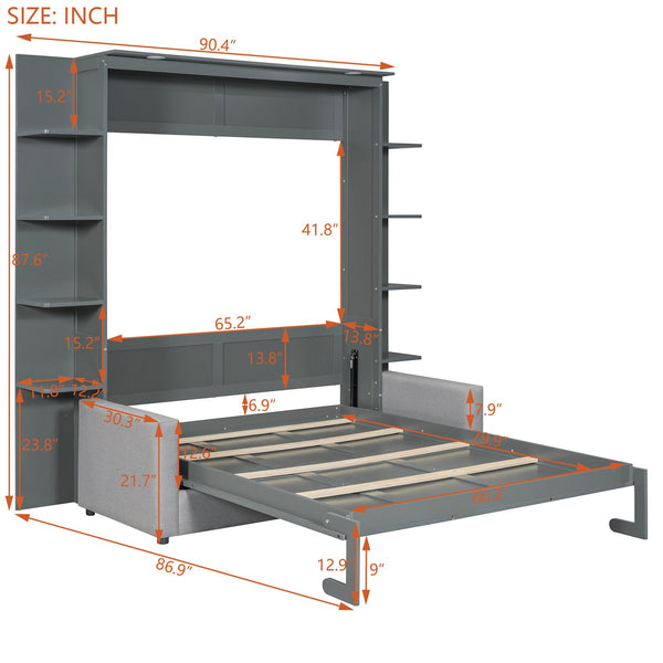 English Elm Queen Murphy Bed with Integrated Sofa Space Saving Fold Down Cabinet for Studio Living Gray LP000591AAE-1