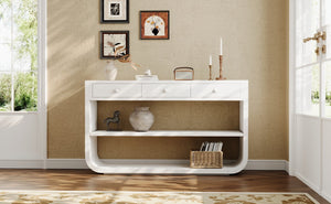 English Elm [video] Sculptural Console Table Pine Wood Curved Legs Soft-close Drawers Open Shelving Entryway White N759P433560K