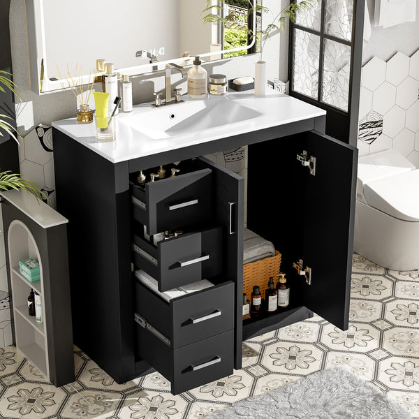 English Elm 36'' Bathroom Vanity with Ceramic Sink Combo, Solid Wood Frame, Soft-Close Drawers and Stylish Retro Groove Design Black N710P291684B