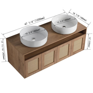 English Elm 48" Imitative Oak Wall Mounted Bathroom Vanity with Ceramic Art Sink, Plywood, 4 Soft-Close Doors, Modern Float Design W999S00399