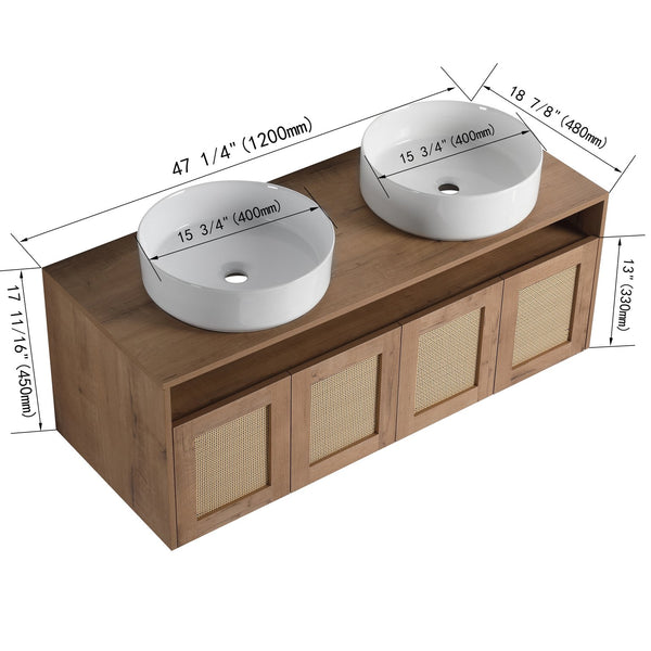 English Elm 48" Imitative Oak Wall Mounted Bathroom Vanity with Ceramic Art Sink, Plywood, 4 Soft-Close Doors, Modern Float Design W999S00399