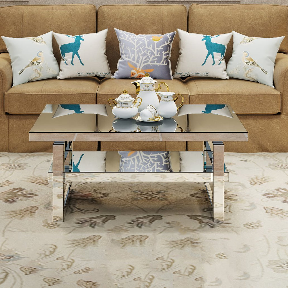 English Elm Modern Mirrored Square Coffee Table Silver Acrylic MDF Tempered Glass 2-Storage Elegant Chic Design W3836P370286