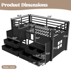 English Elm Twin Low Loft Bed with Shelves Fabric Drawers and Under Bed Study Nook Metal Frame Black W5305S00043