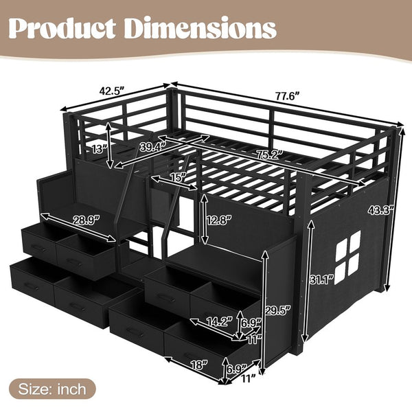 English Elm Twin Low Loft Bed with Shelves Fabric Drawers and Under Bed Study Nook Metal Frame Black W5305S00043