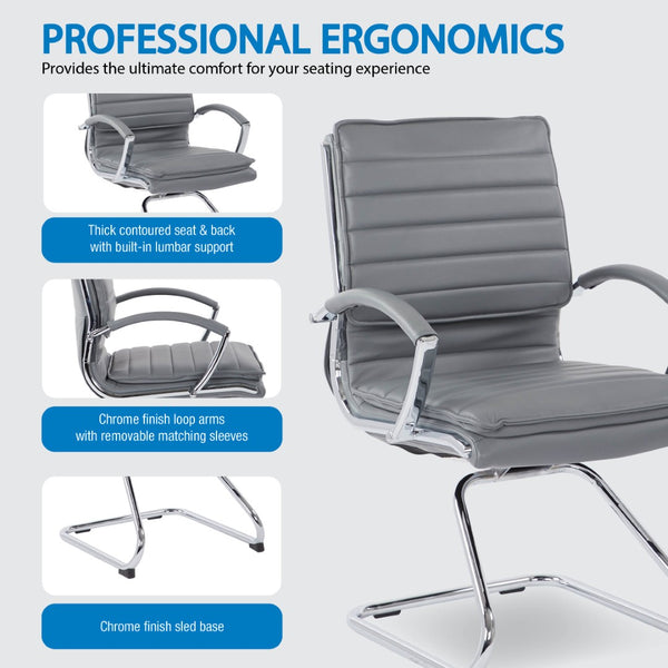 OSP Home Furnishings Guest Faux Leather Office Chair with Chrome Sled Base and Ergonomic Lumbar Support Charcoal SPX23595C-U42
