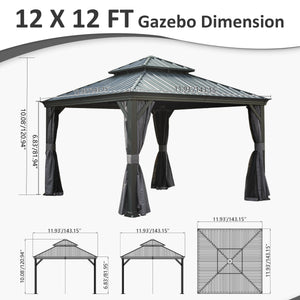 English Elm 12' X 12' Hardtop Gazebo with Drainage System, Dual-Layer Galvanized Roof, Curtains & Mosquito Netting Grey W1859S00139