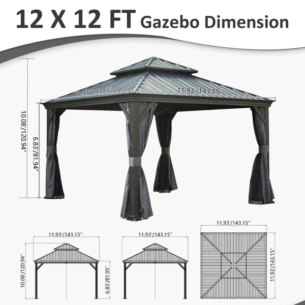 English Elm 12' X 12' Hardtop Gazebo with Drainage System, Dual-Layer Galvanized Roof, Curtains & Mosquito Netting Grey W1859S00139