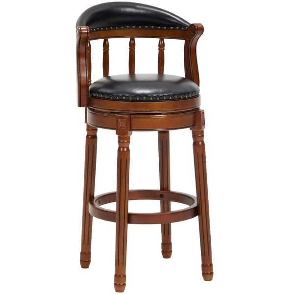 English Elm Seat 29.5" Cow-Top Leather Bar Stool With 360° Swivel, Contoured Back & Durable Wood Frame, Black W2195P331494-GIGA