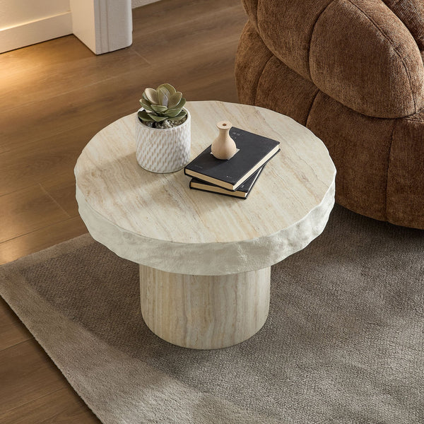 English Elm 23.82 Inch Round Fiberglass Coffee Table Sculptural Stone Texture for Modern Living Rooms W876P450500