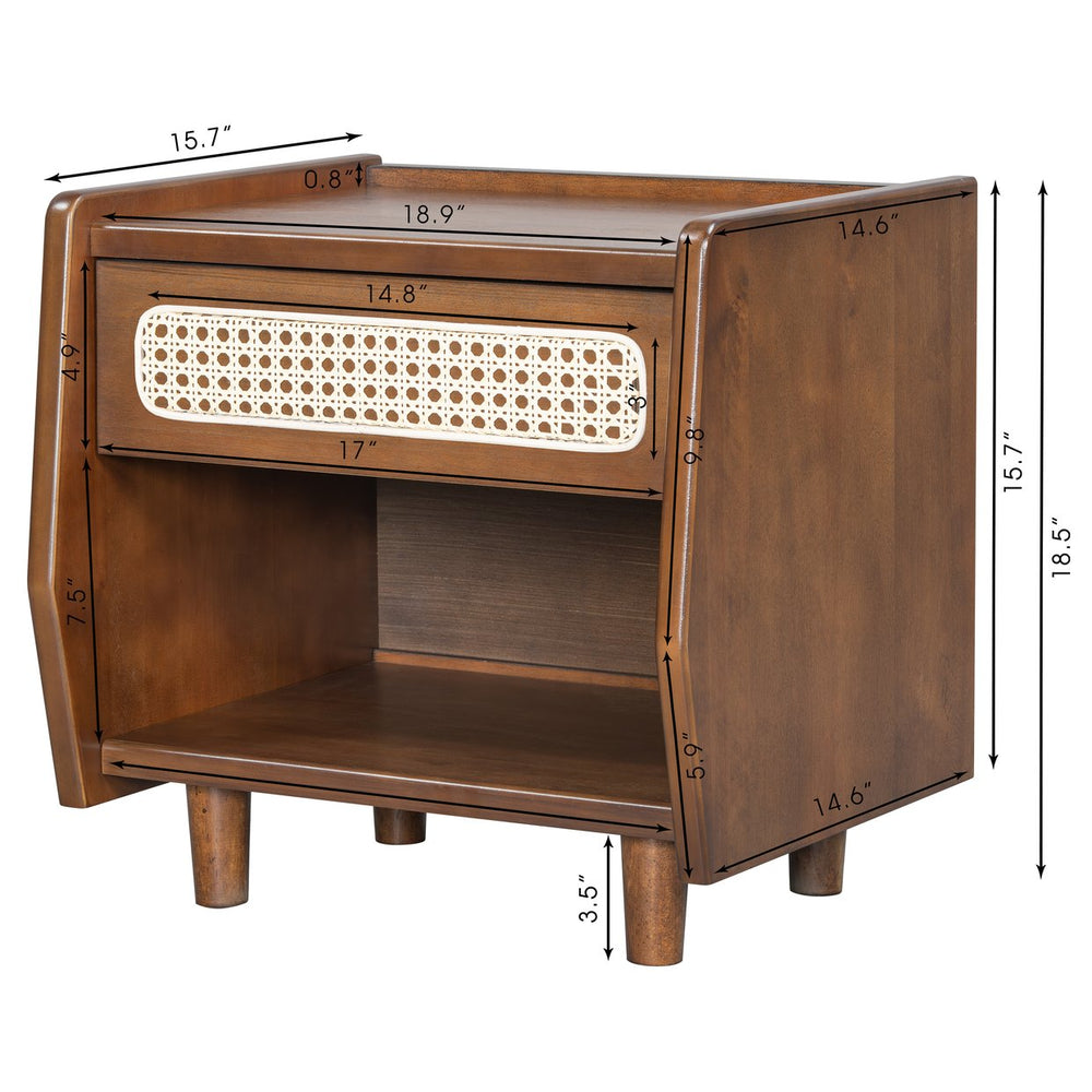English Elm Black Rattan Panel Nightstand with Open Shelf Drawer Mdf Modern Bedroom Storage N770P374577D