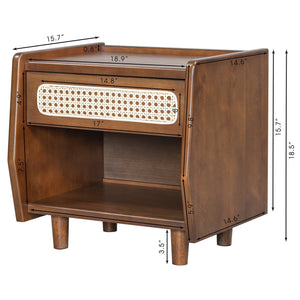 English Elm Black Rattan Panel Nightstand with Open Shelf Drawer Mdf Modern Bedroom Storage N770P374577D