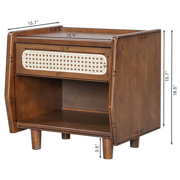 English Elm Black Rattan Panel Nightstand with Open Shelf Drawer Mdf Modern Bedroom Storage N770P374577D