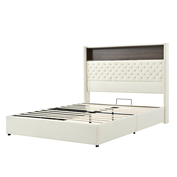 English Elm Queen Velvet Tufted Wingback Platform Bed Tall Headboard with Usb Charging Shelf Beige N733P367135A
