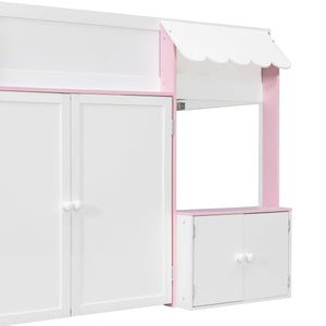 English Elm Twin House Loft Bed with Pull Out Rolling Desk Stair Drawers and Cabinet Storage N820S00074H