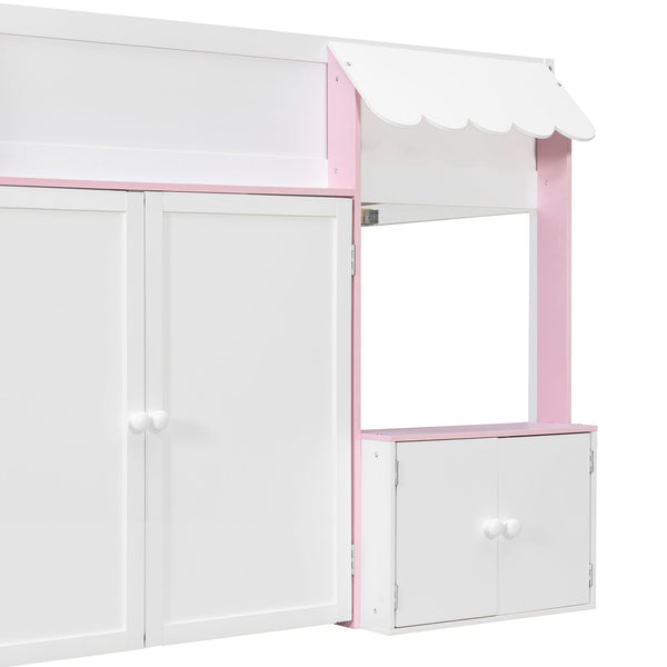English Elm Twin House Loft Bed with Pull Out Rolling Desk Stair Drawers and Cabinet Storage N820S00074H