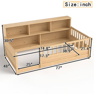 English Elm A Pine Floor Bed Twin Frame with Fence Guardrail and Shelf for Kids Rooms Natural W1858P410402