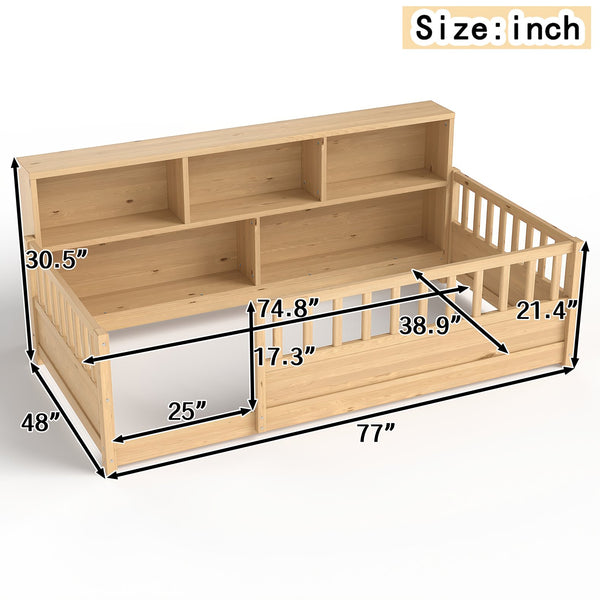 English Elm A Pine Floor Bed Twin Frame with Fence Guardrail and Shelf for Kids Rooms Natural W1858P410402