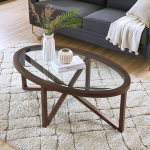 English Elm Modern Round Glass Coffee Table With Solid Wood Base - Stylish Minimalist Design For Living Rooms W487P317847