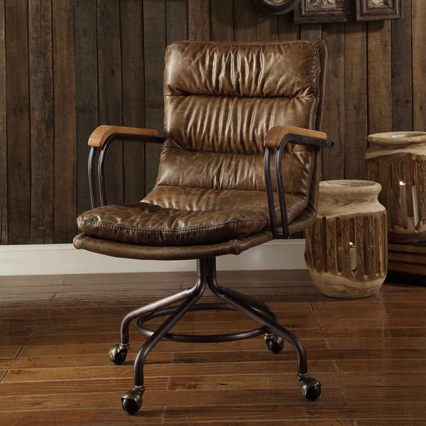 English Elm Vintage Whiskey Top Grain Leather Swivel Office Chair with Wood Arms, Metal Frame, Smooth Casters and Timeless Elegance Vintage B062P182755