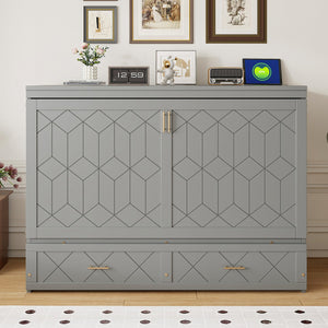 English Elm Queen Murphy Wall Bed Cabinet with Storage Drawer Built-in Power Outlets Usb Ports Gray LP000400AAE-1