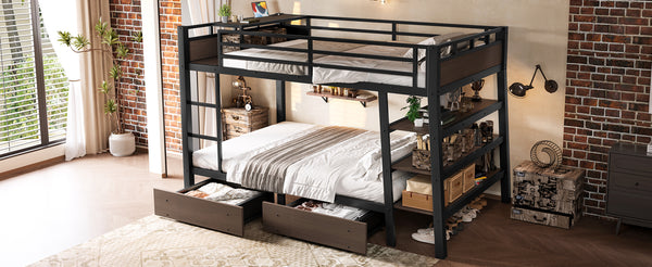 English Elm Full Size Metal Loft Bed with Stair Storage Shelves Bookshelf for Dorms Bedroom W1580S00347