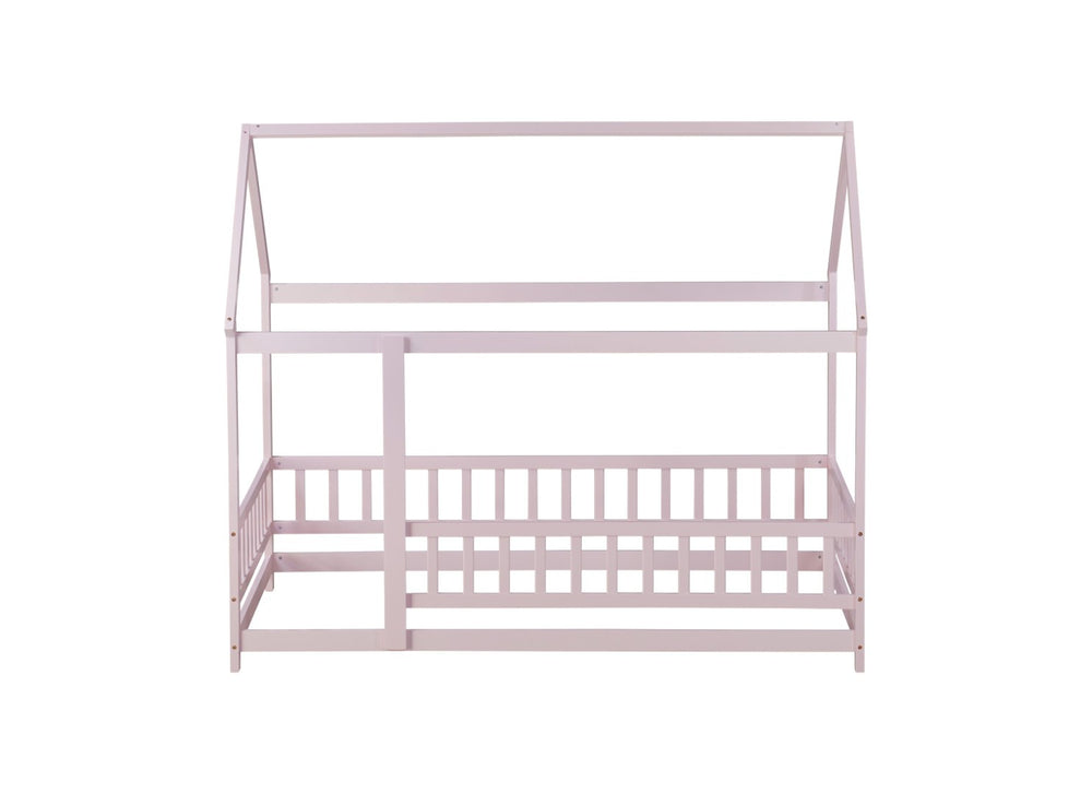English Elm Twin Size House Floor Bed With Charming Roof Frame, Safety Guardrails & Soft Pink Finish For Kids W504P286405-GIGA