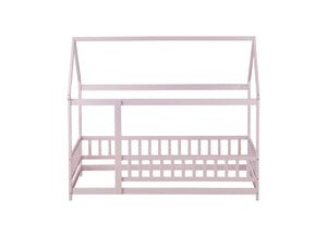 English Elm Twin Size House Floor Bed With Charming Roof Frame, Safety Guardrails & Soft Pink Finish For Kids W504P286405-GIGA
