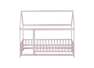 English Elm Twin House Frame Floor Bed Rubberwood Build with Safety Rails for Kids Bedroom W504P482178